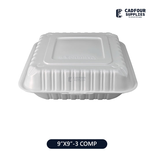 9x9 Plastic Hinged Lid Containers 3 Compartments-SLPP 903