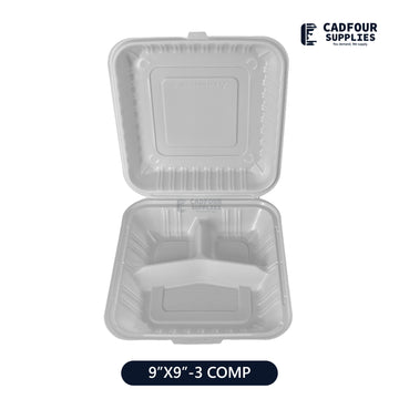 9x9 Plastic Hinged Lid Containers 3 Compartments-SLPP 903