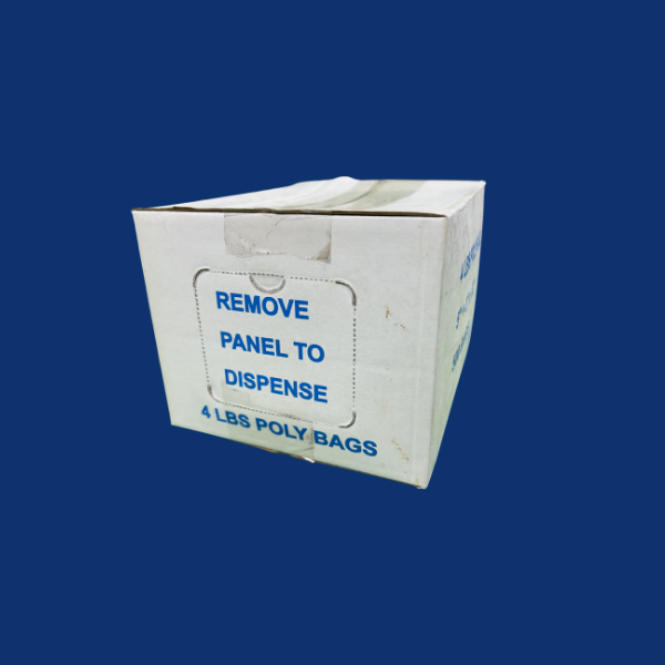 4 lb poly bags dispenser box with remove panel to dispense