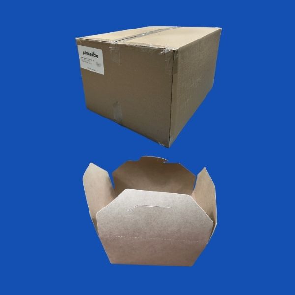 Close-up overhead shot of a single natural brown Kraft paper takeout container in its flat, open state, showing the pre-scored folding lines and lock mechanisms against a white background