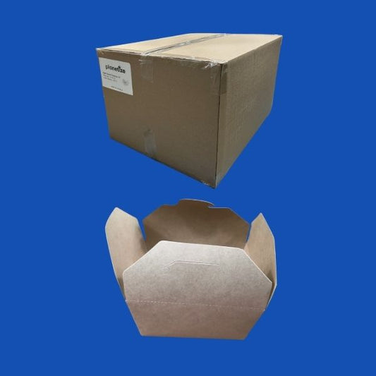 Close-up overhead shot of a single natural brown Kraft paper takeout container in its flat, open state, showing the pre-scored folding lines and lock mechanisms against a white background