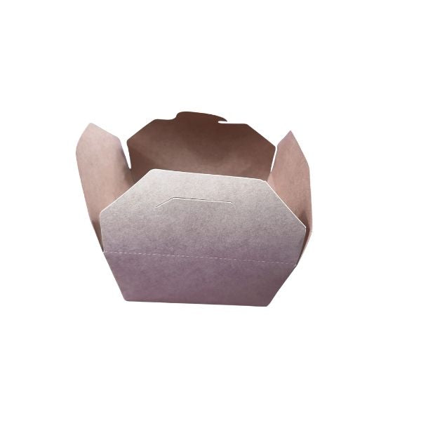 Close-up overhead shot of a single natural brown Kraft paper takeout container in its flat, open state, showing the pre-scored folding lines and lock mechanisms against a white background