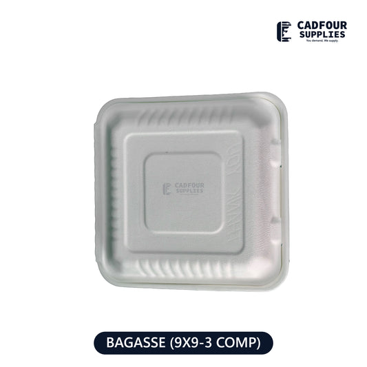 9x9 Bagasse Clamshell  Containers 3 Compartments