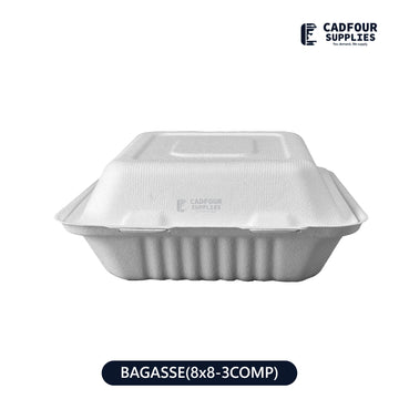 8x8 Bagasse Clamshell  Containers 3 Compartments