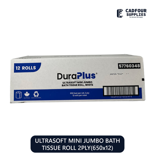 White Bathroom Tissue Roll 2 Ply 650x12 Ultra Soft Mini Jumbo- DuraPlus