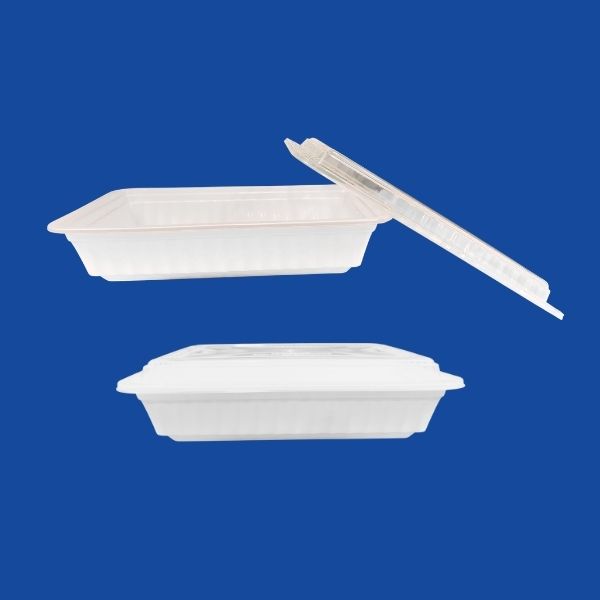 Side view comparison: one 32oz rectangular container closed with a clear lid, one open base. against a blue background