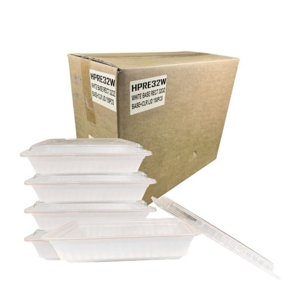 A stack of four closed 32oz white rectangular container sets shown next to their master corrugated shipping box