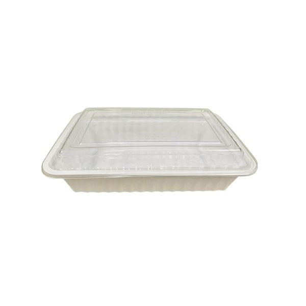 Complete case of Codfour 38oz White Rectangular Takeout Containers (150 sets) with multiple sets shown against a white background