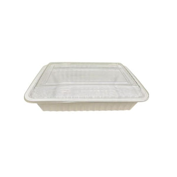 Complete case of Codfour 38oz White Rectangular Takeout Containers (150 sets) with multiple sets shown against a white background