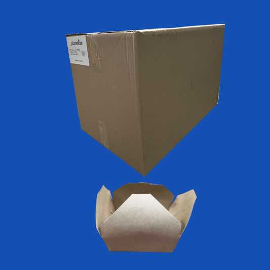 Large brown corrugated bulk shipping case with a product label on the side, next to a single Kraft-colored paper takeout container with open flaps below. The case shows the brand name