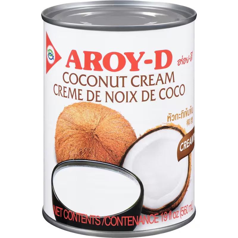 Carton of Aroy-D Coconut Cream featuring rich and creamy coconut extract in colorful Thai-inspired packaging, ideal for curries, soups, sauces, and desserts.