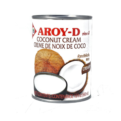 Carton of Aroy-D Coconut Cream featuring rich and creamy coconut extract in colorful Thai-inspired packaging, ideal for curries, soups, sauces, and desserts.