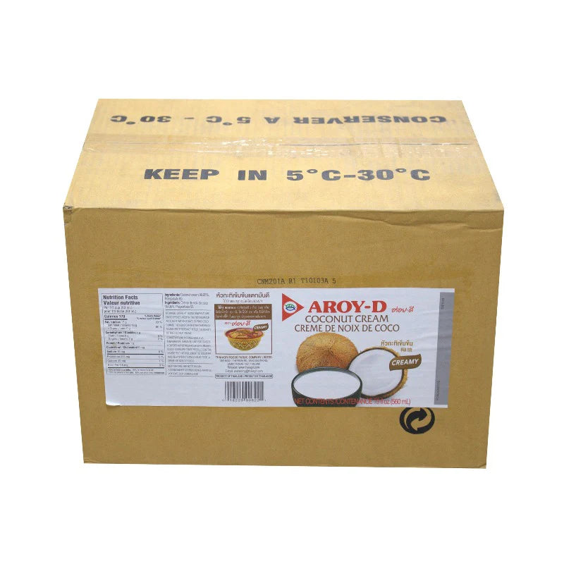 Carton of Aroy-D Coconut Cream featuring rich and creamy coconut extract in colorful Thai-inspired packaging, ideal for curries, soups, sauces, and desserts.