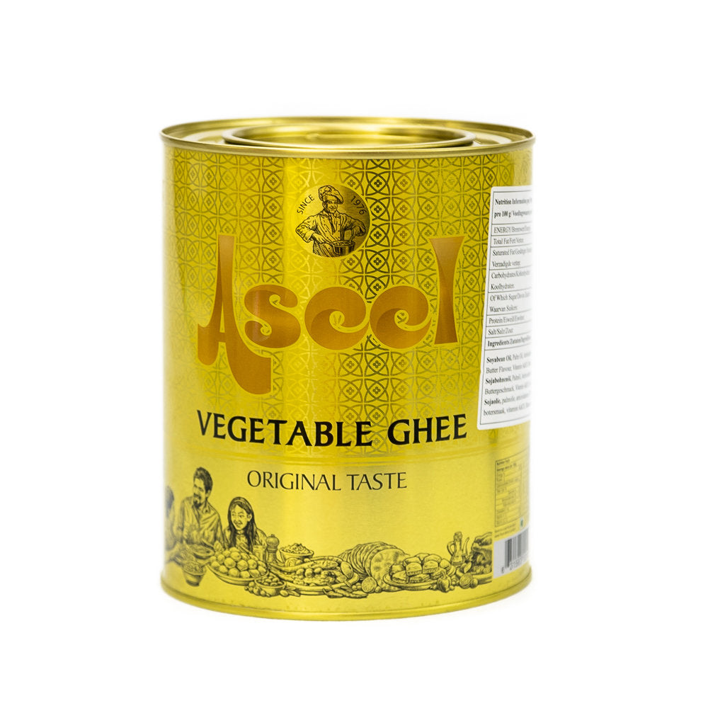 Tub of Aseel Vegetable Fat featuring rich multipurpose cooking fat in bold packaging, ideal for baking, frying, and traditional Middle Eastern and South Asian recipes.
