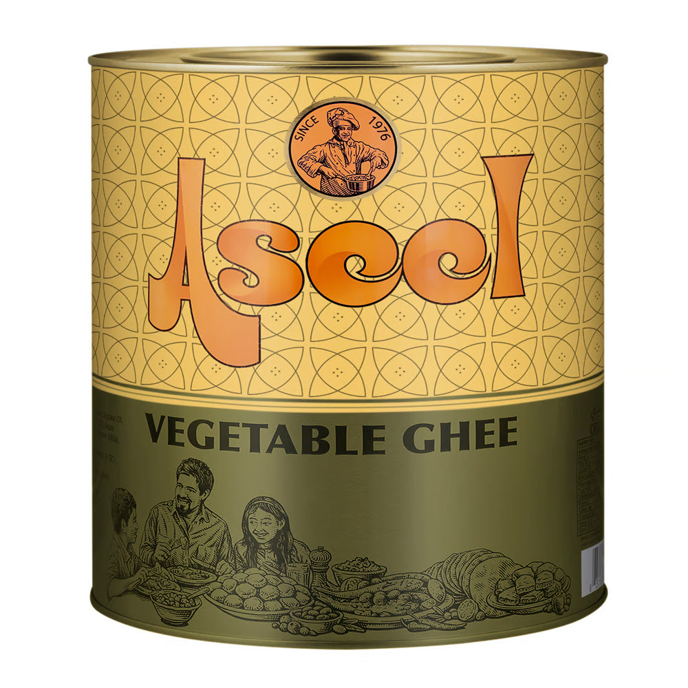 Tub of Aseel Vegetable Fat featuring rich multipurpose cooking fat in bold packaging, ideal for baking, frying, and traditional Middle Eastern and South Asian recipes.
