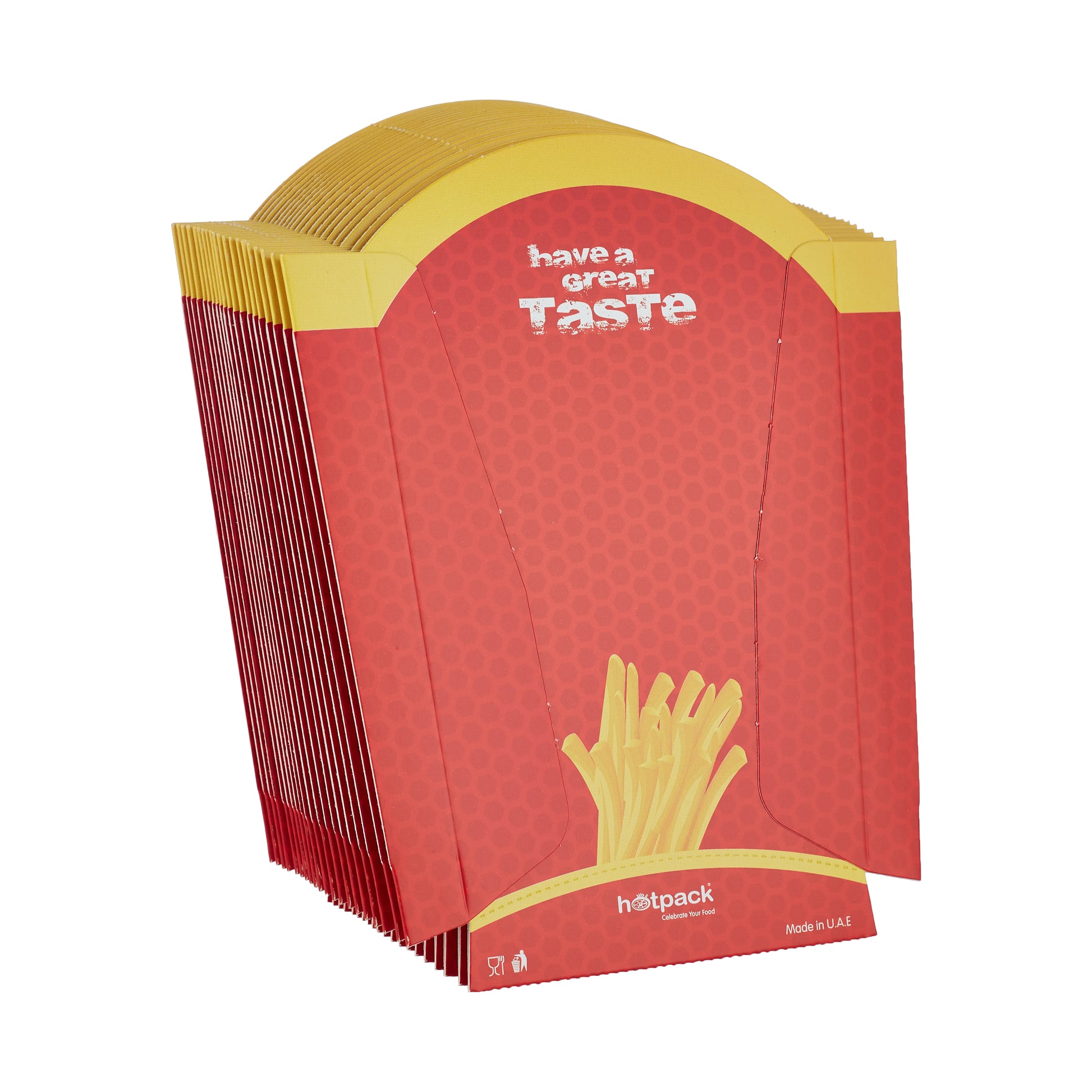 Stack of flat Hotpack French fries pouches with bold red and yellow design, ready for assembly.