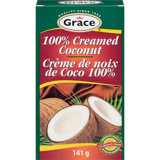 Pack of Grace Coconut Cream featuring smooth, rich coconut extract in vibrant tropical packaging, ideal for curries, soups, desserts, and Caribbean-inspired dishes.
