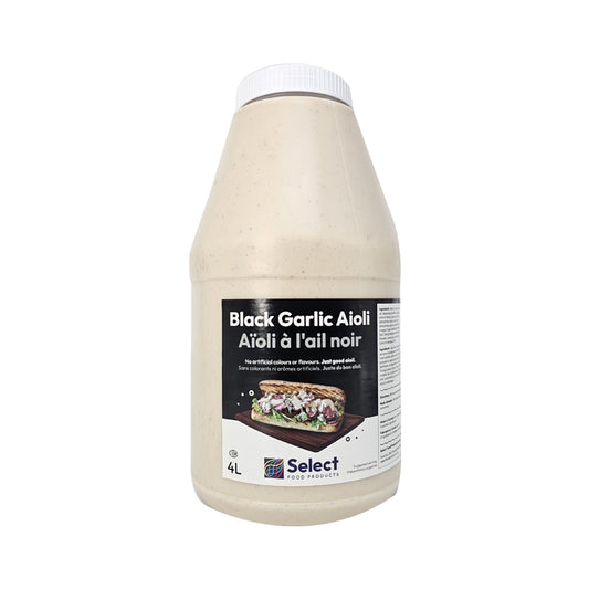 Creamy black garlic aioli in a large commercial size container for dipping and spreads.