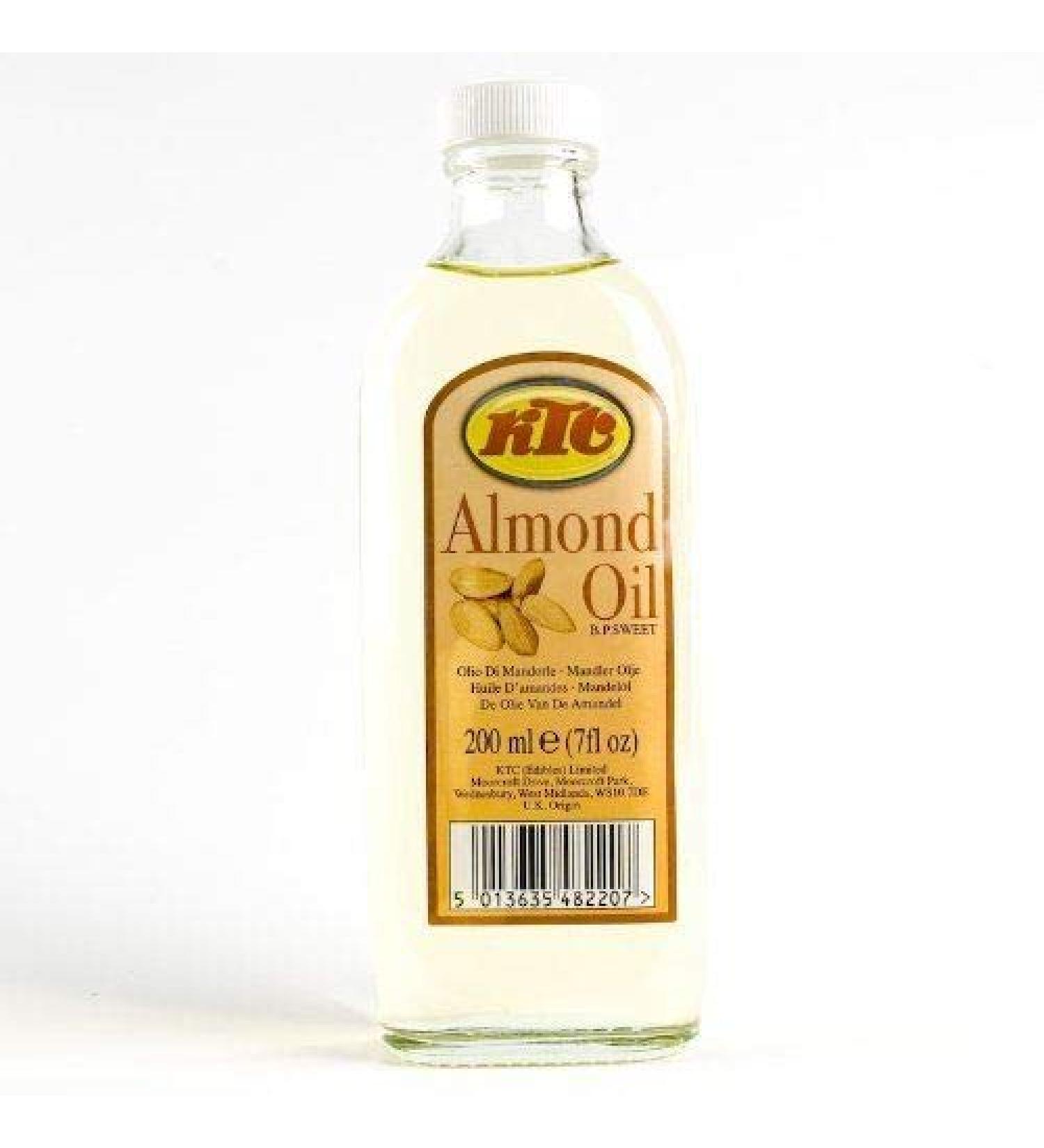 Bottle of KTC Almond Oil featuring pure almond oil in sleek packaging, suitable for cooking, hair care, skincare, and traditional wellness uses.
