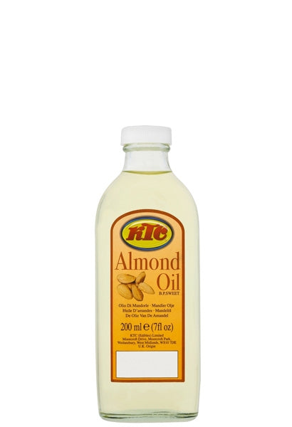 Bottle of KTC Almond Oil featuring pure almond oil in sleek packaging, suitable for cooking, hair care, skincare, and traditional wellness uses.
