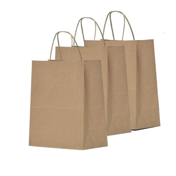 Three natural brown Kraft paper takeout bags with sturdy twisted handles shown standing upright, in front of a bulk corrugated shipping case against a solid blue background.