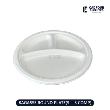 9" Baggasse  Round Paper Plates 3 Compartments