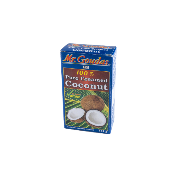 Mr. Goudas Coconut Cream made from rich coconut extract, featuring tropical-inspired packaging ideal for cooking, baking, curries, and desserts.
