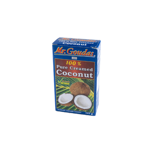 Mr. Goudas Coconut Cream made from rich coconut extract, featuring tropical-inspired packaging ideal for cooking, baking, curries, and desserts.
