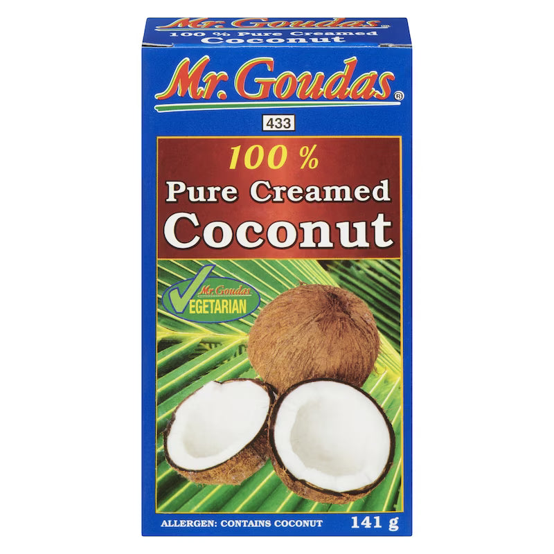 Mr. Goudas Coconut Cream made from rich coconut extract, featuring tropical-inspired packaging ideal for cooking, baking, curries, and desserts.
