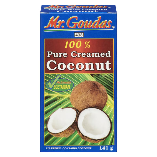 Mr. Goudas Coconut Cream made from rich coconut extract, featuring tropical-inspired packaging ideal for cooking, baking, curries, and desserts.
