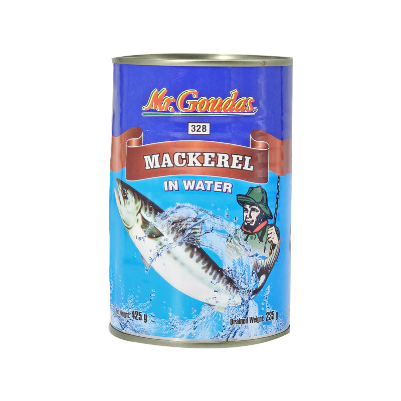 Can of Mr. Goudas Jack Mackerel packed in savory sauce, featuring bold branding and ready-to-eat seafood ideal for quick meals and pantry storage.

