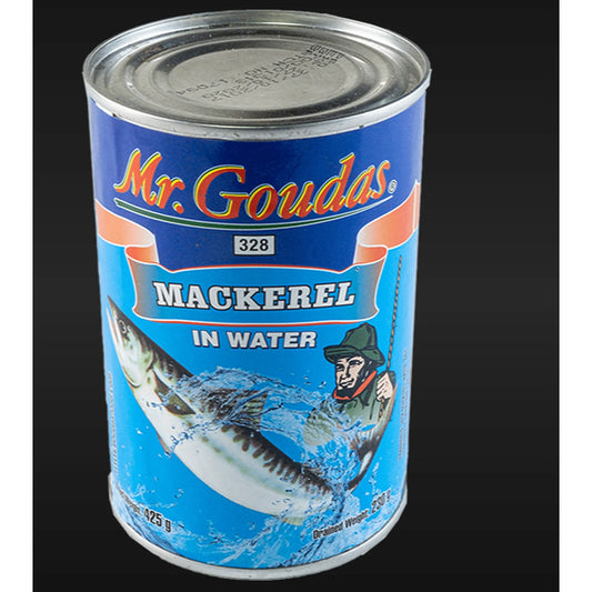 Can of Mr. Goudas Jack Mackerel packed in savory sauce, featuring bold branding and ready-to-eat seafood ideal for quick meals and pantry storage.