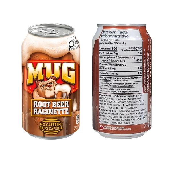 Bulk corrugated cardboard case holding twelve 355mL cans of Mug Root Beer, displaying the classic bear logo. Below it is a single, clear aluminum can showing the root beer color, set against a solid blue background