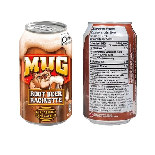 Bulk corrugated cardboard case holding twelve 355mL cans of Mug Root Beer, displaying the classic bear logo. Below it is a single, clear aluminum can showing the root beer color, set against a solid blue background