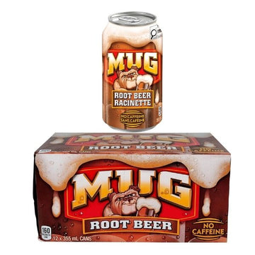 Bulk corrugated cardboard case holding twelve 355mL cans of Mug Root Beer, displaying the classic bear logo. Below it is a single, clear aluminum can showing the root beer color, set against a solid blue background