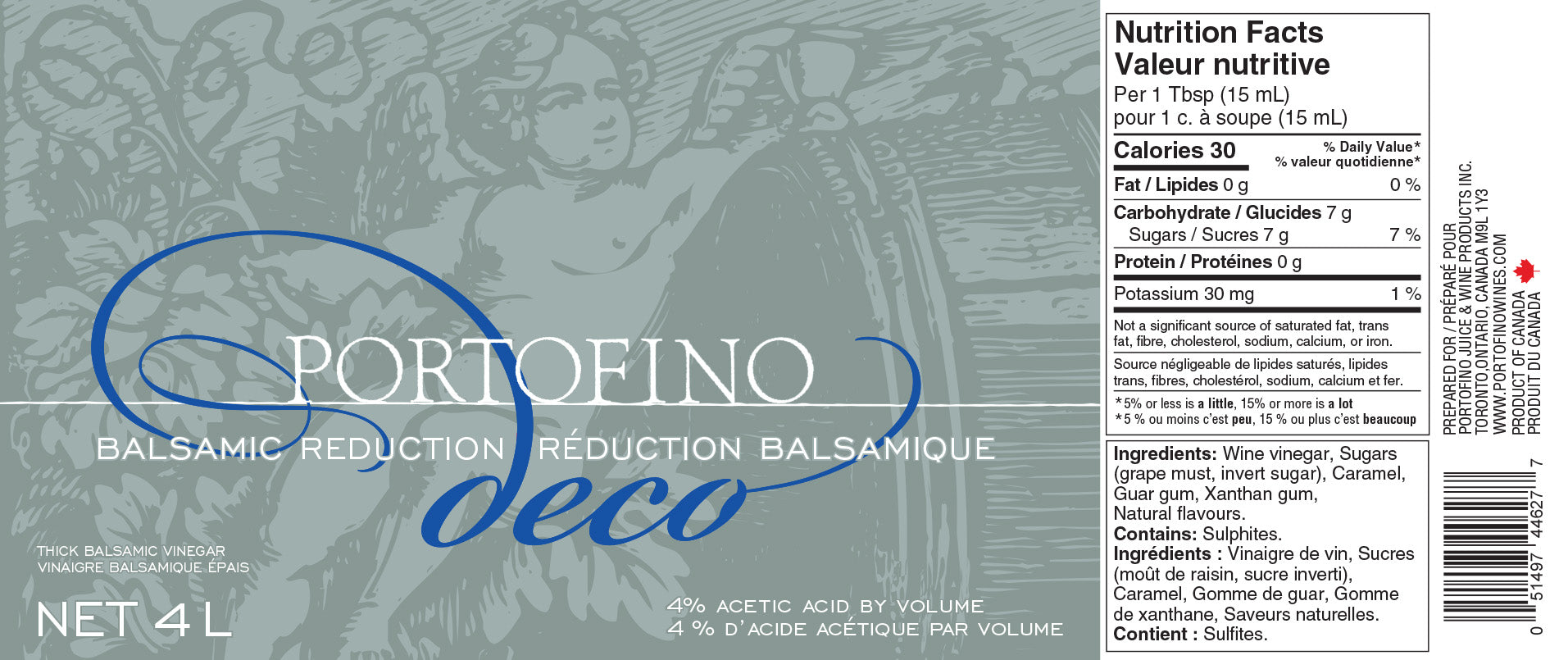 Portofino Deco balsamic reduction label with nutritional information and ingredients.