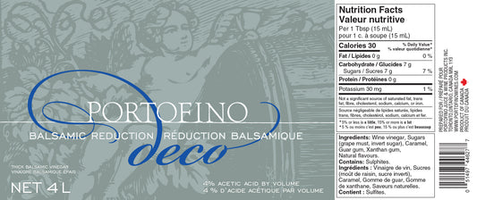 Portofino Deco balsamic reduction label with nutritional information and ingredients.