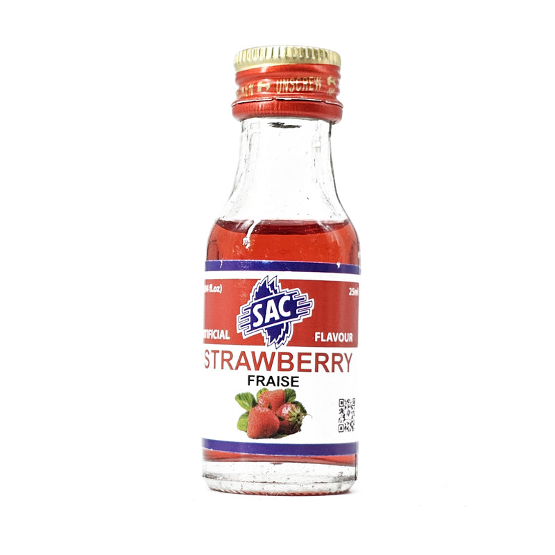 Bottle of SAC strawberry flavor syrup on a white background