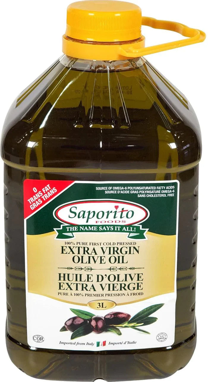 Bottle of Saporito Extra Virgin Olive Oil featuring premium cold-pressed olive oil in elegant packaging, ideal for cooking, salad dressings, dipping, and Mediterranean recipes.
