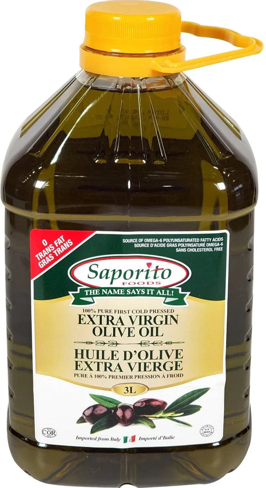 Bottle of Saporito Extra Virgin Olive Oil featuring premium cold-pressed olive oil in elegant packaging, ideal for cooking, salad dressings, dipping, and Mediterranean recipes.
