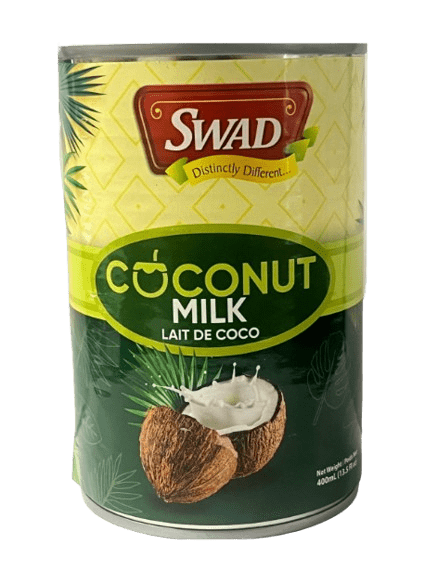 Can of Swad Coconut Milk made from fresh coconut extract, featuring traditional packaging ideal for Indian, Thai, and tropical cooking recipes.
