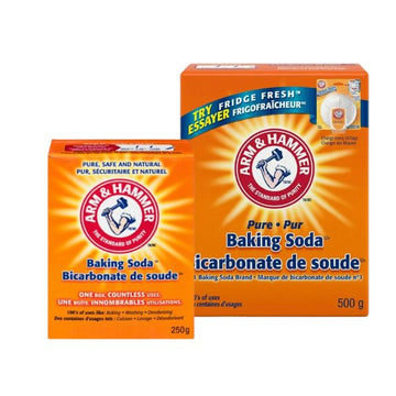 Arm and Hammer pure baking soda in 0.25kg and 0.5kg orange boxes for multipurpose use.