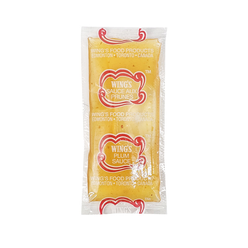 Detailed nutrition facts and ingredients label for Wing’s Plum Sauce 4L container.