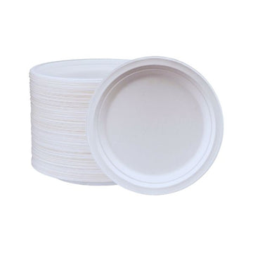 Stack of 9 inch bagasse round plates white
