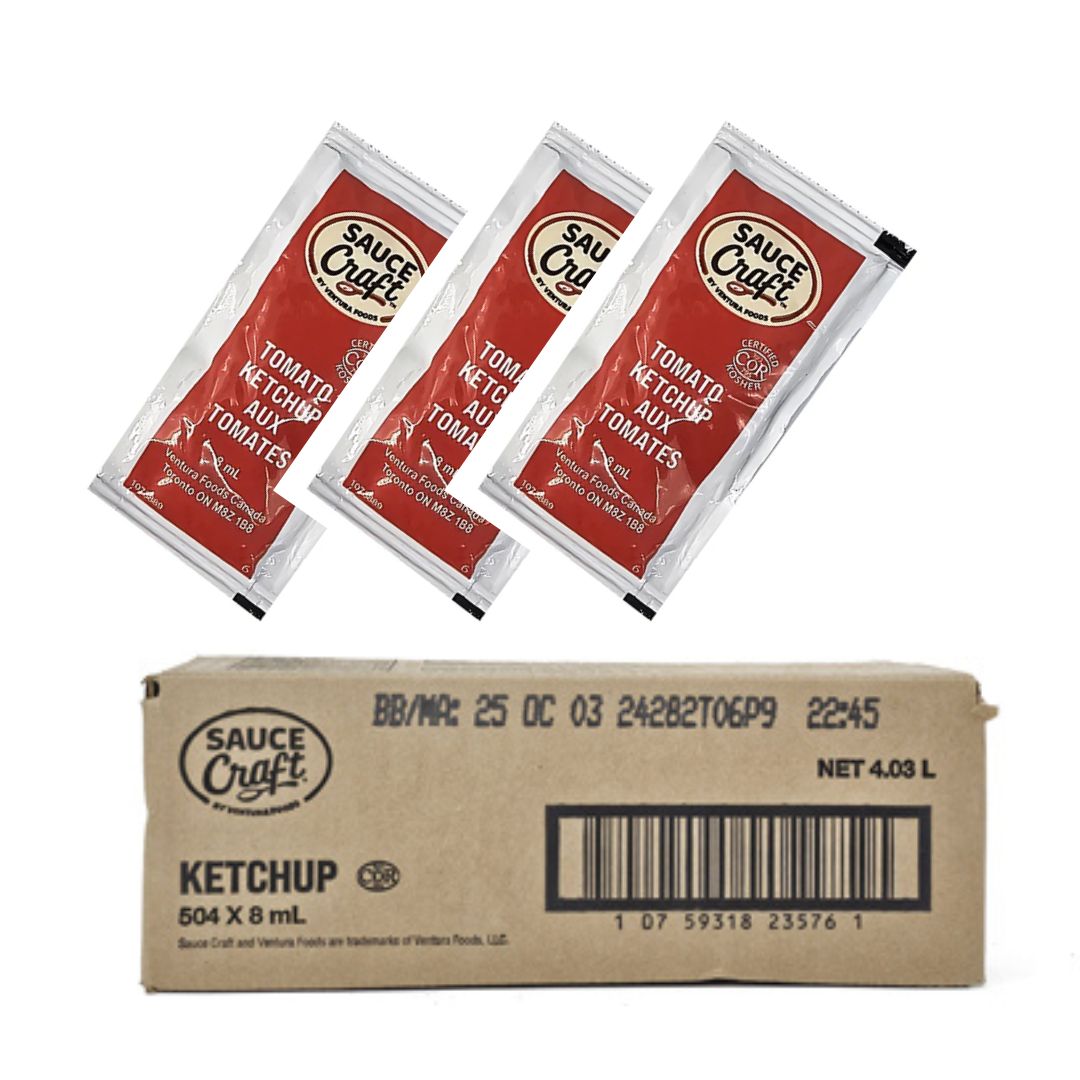 Case of 504 individual 8ml tomato ketchup sachets for takeout and delivery.