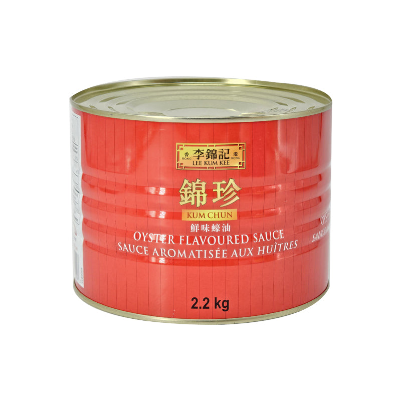 Close-up of the Kum Chun Oyster Sauce label showing professional food service branding.
