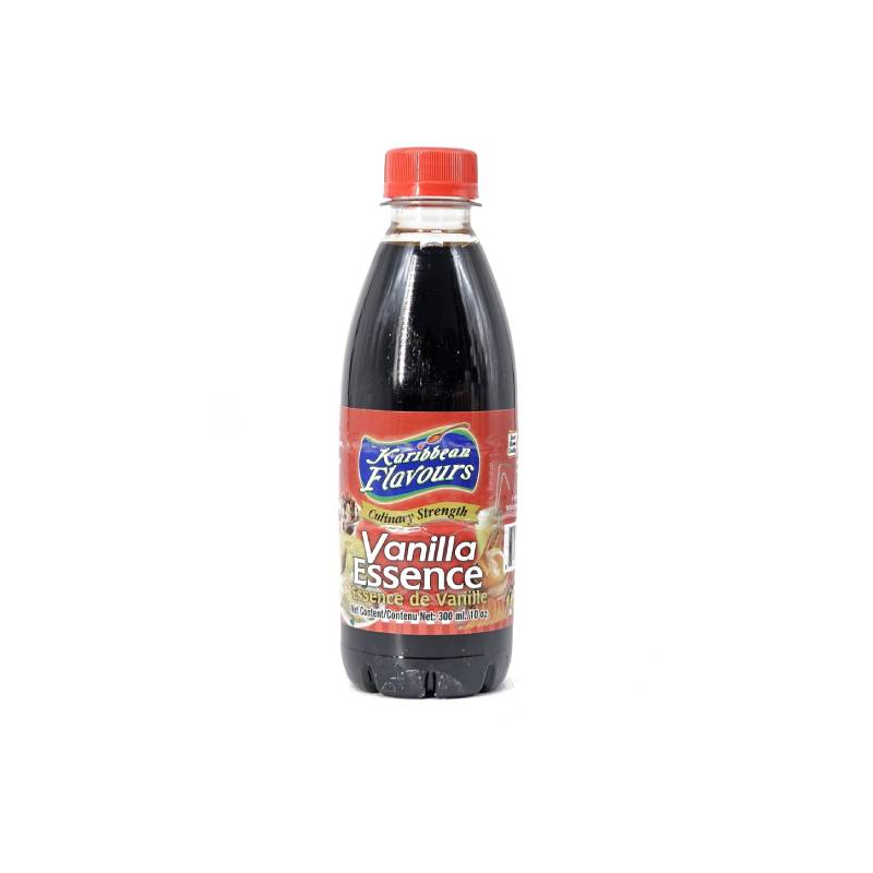 Front view of Caribbean Flavours Vanilla Essence 300 ml bottle with red cap