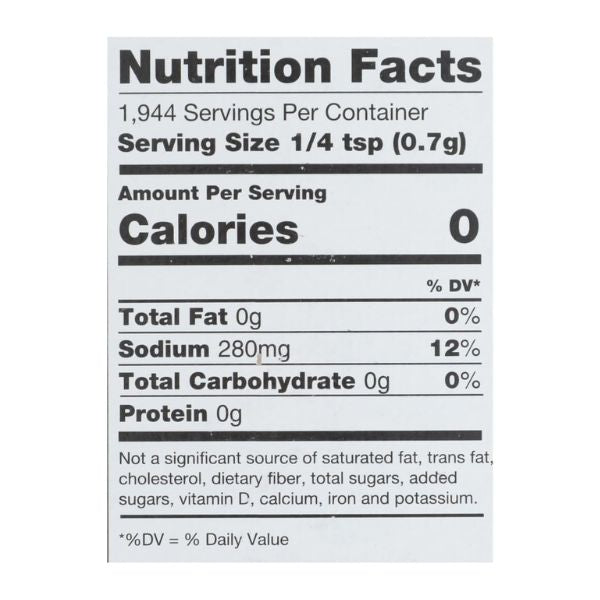 Nutrition facts label for Diamond Crystal Kosher Salt showing zero calories and 280mg sodium