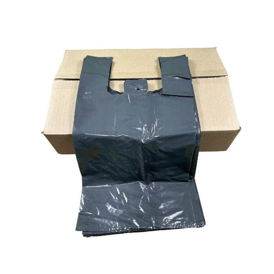 A single heavy-duty grey plastic t-shirt bag with handles, showing a high-gloss, opaque finish for secure retail and restaurant use.