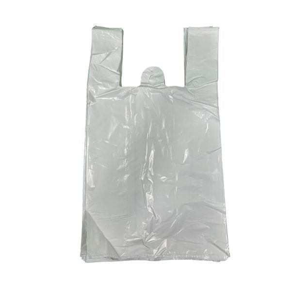 A single, large, crumpled white plastic t-shirt style shopping bag, shown from the front with handles extended, isolated against a blue background